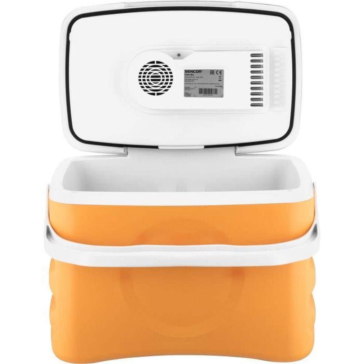 Ein offener, oranger Kühler mit weißem Innenraum und Lüfter an der Innenseite des Deckels.
