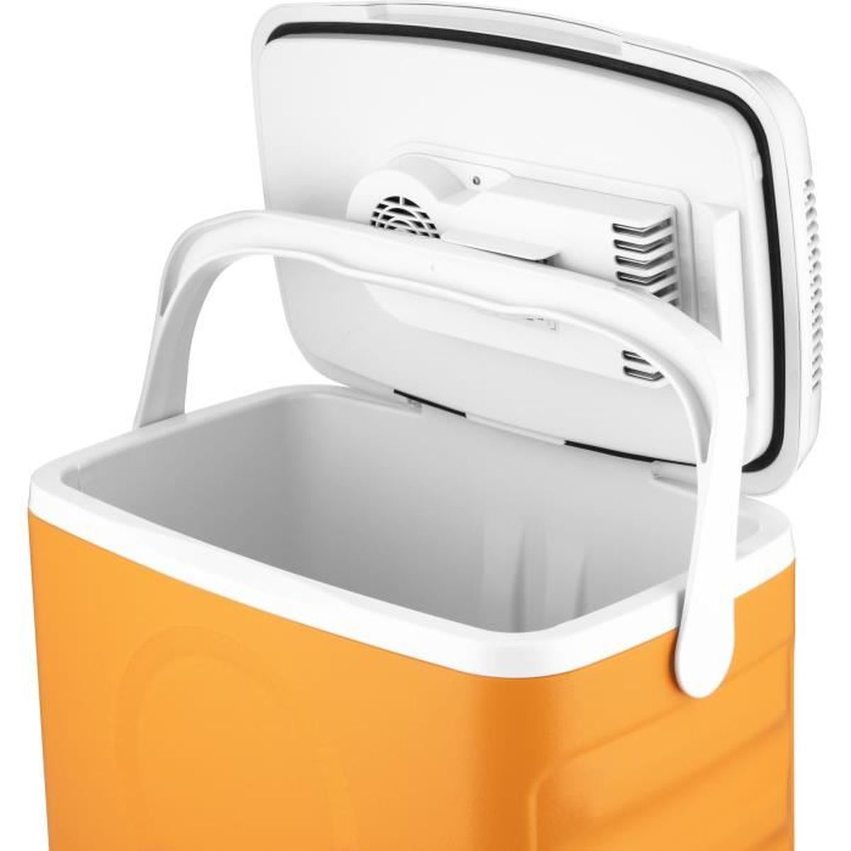 Orange Kühlbox mit weißem Deckel und Griff, innen weiß.