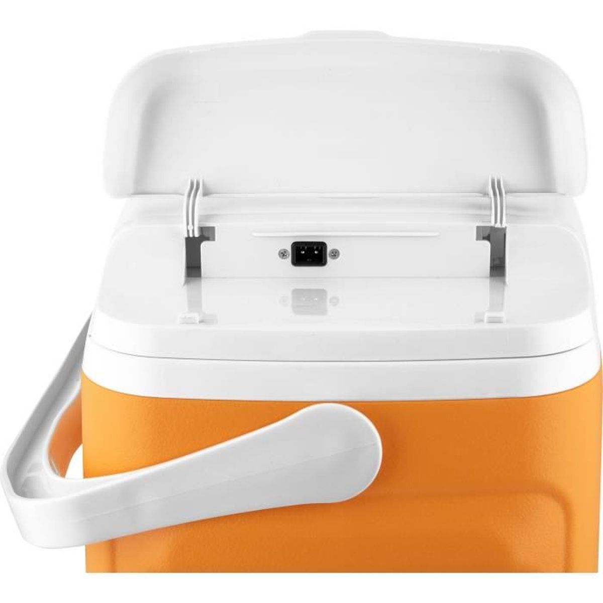 Ein orangefarbener Kühlbox mit weißem Deckel und Griff. Der Deckel ist geöffnet.