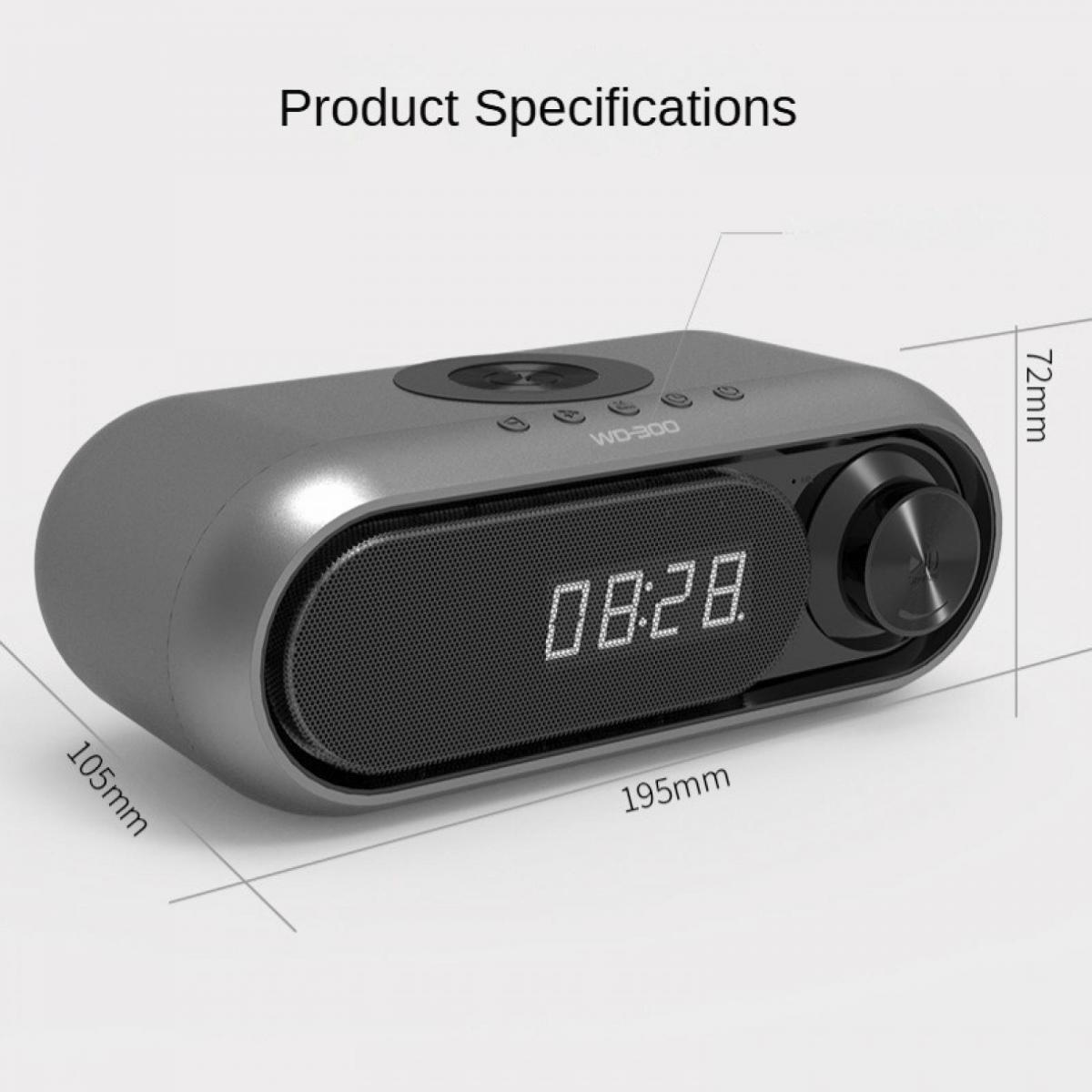 Grauer Lautsprecher mit digitaler Zeitanzeige (08:28) und Maßen 195x105x72mm.