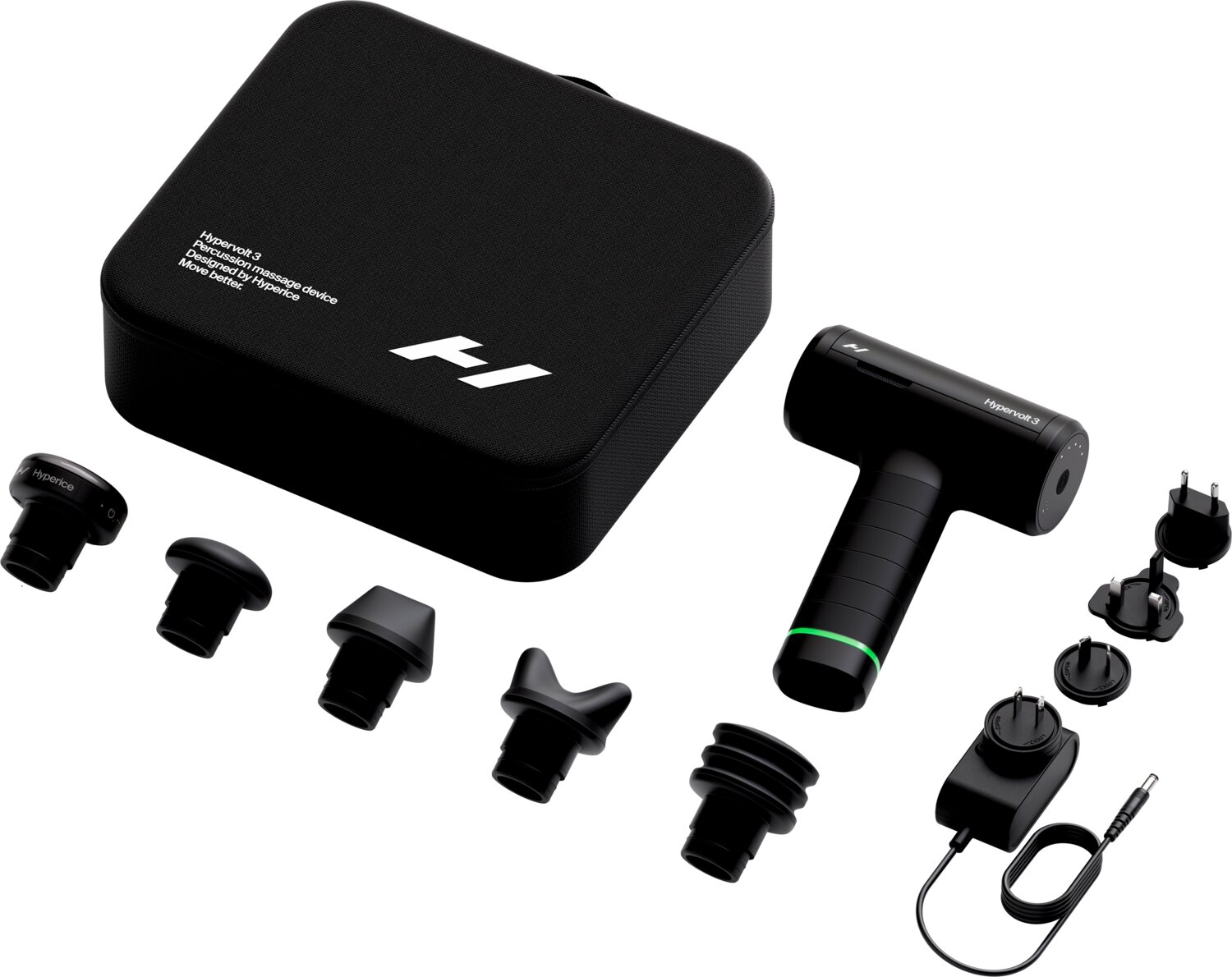 Schwarzes Hypervolt 3 Massagegerät, Hülle, Aufsätze und Ladegerät auf weißem Hintergrund.
