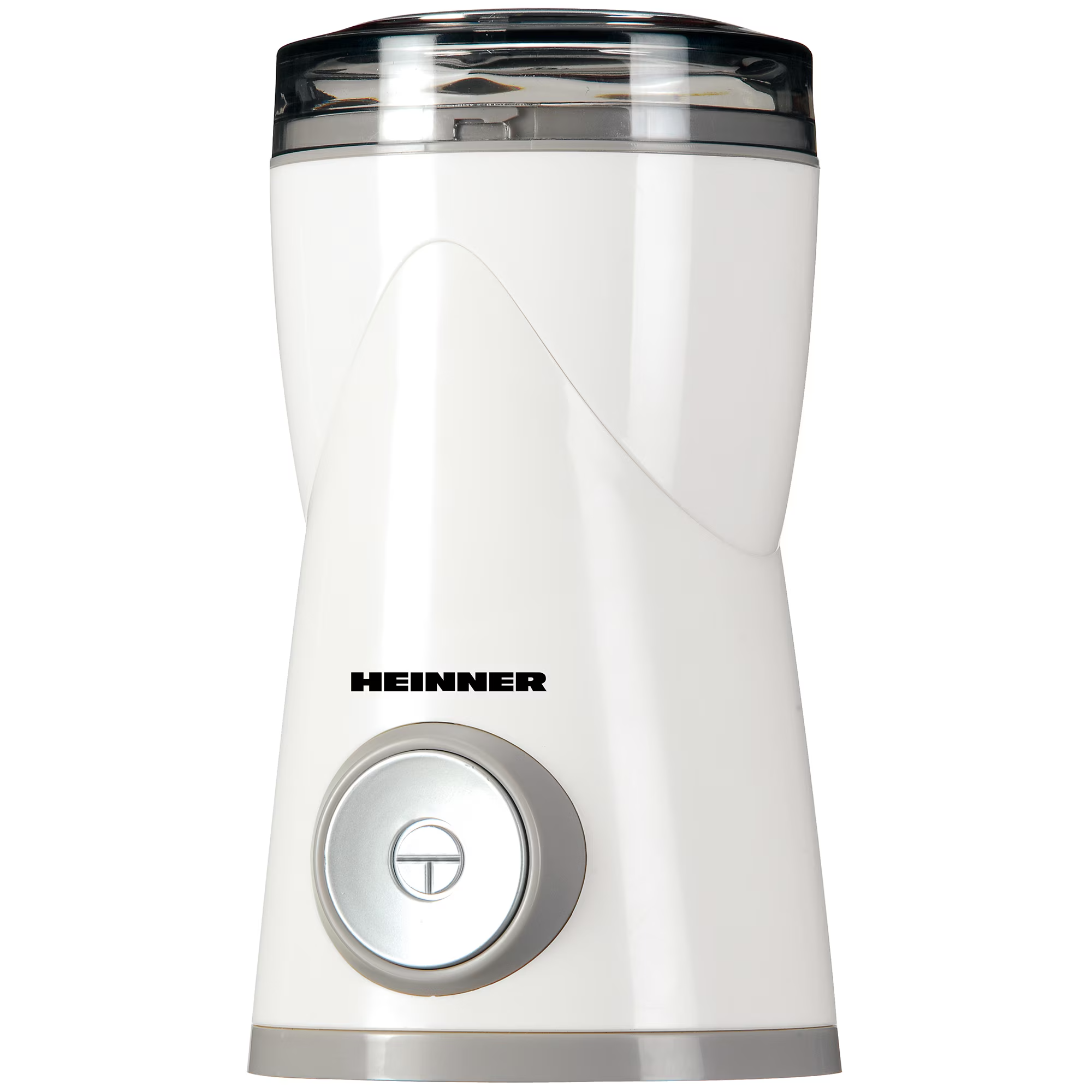 Un moulin à café blanc avec un bouton argenté et un couvercle transparent.