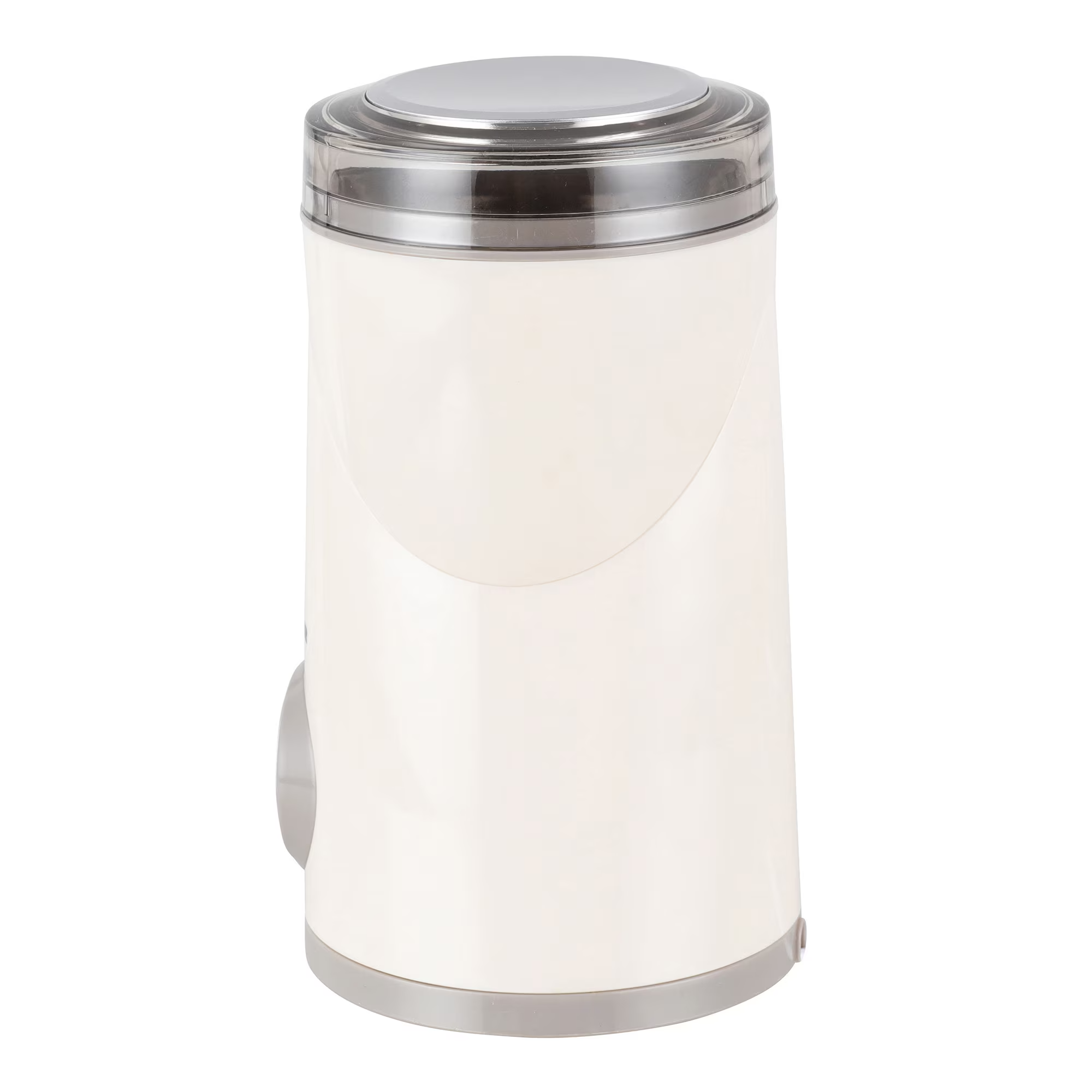 Un moulin à café crème avec couvercle argenté et anneau métallique.