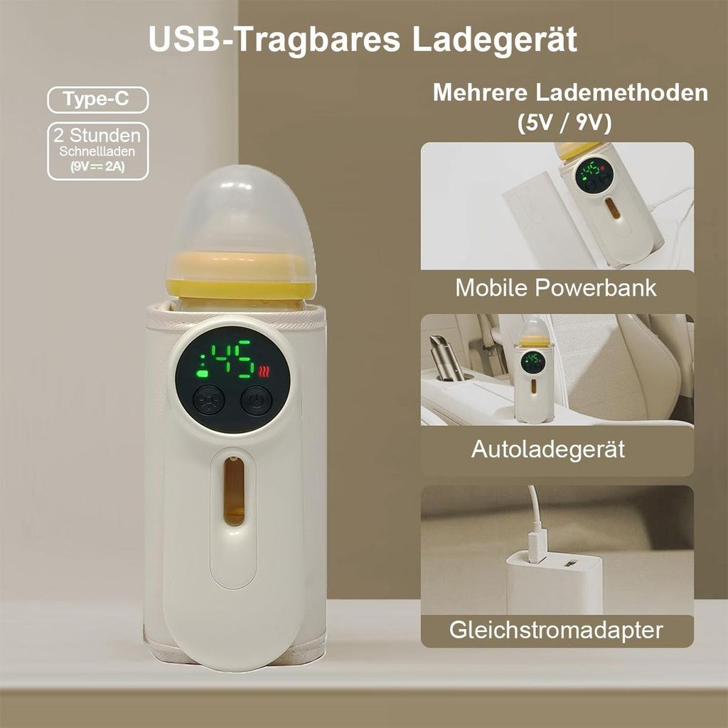 Ein tragbares USB-Ladegerät für Babyflaschen mit digitaler Anzeige und verschiedenen Ladeoptionen.