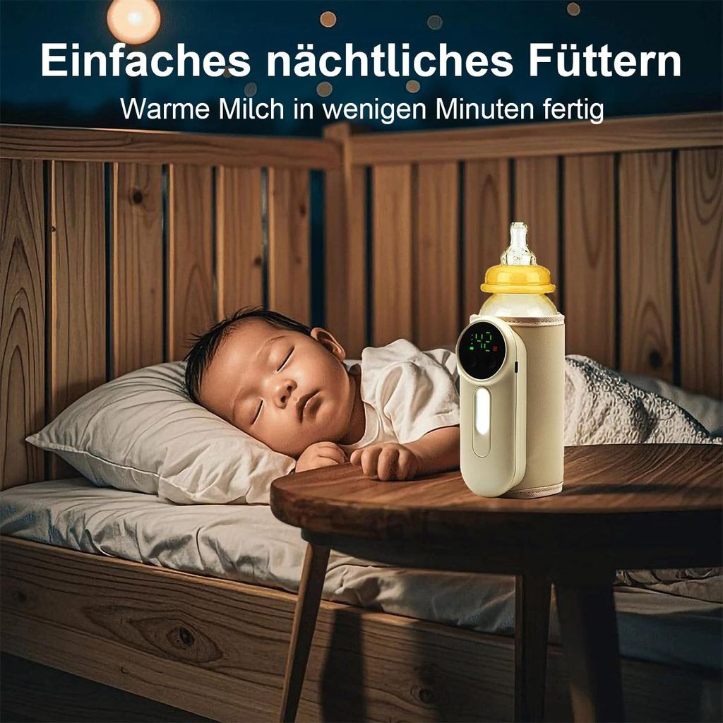 Ein Baby schläft neben einem Flaschenwärmer auf einem Nachttisch.