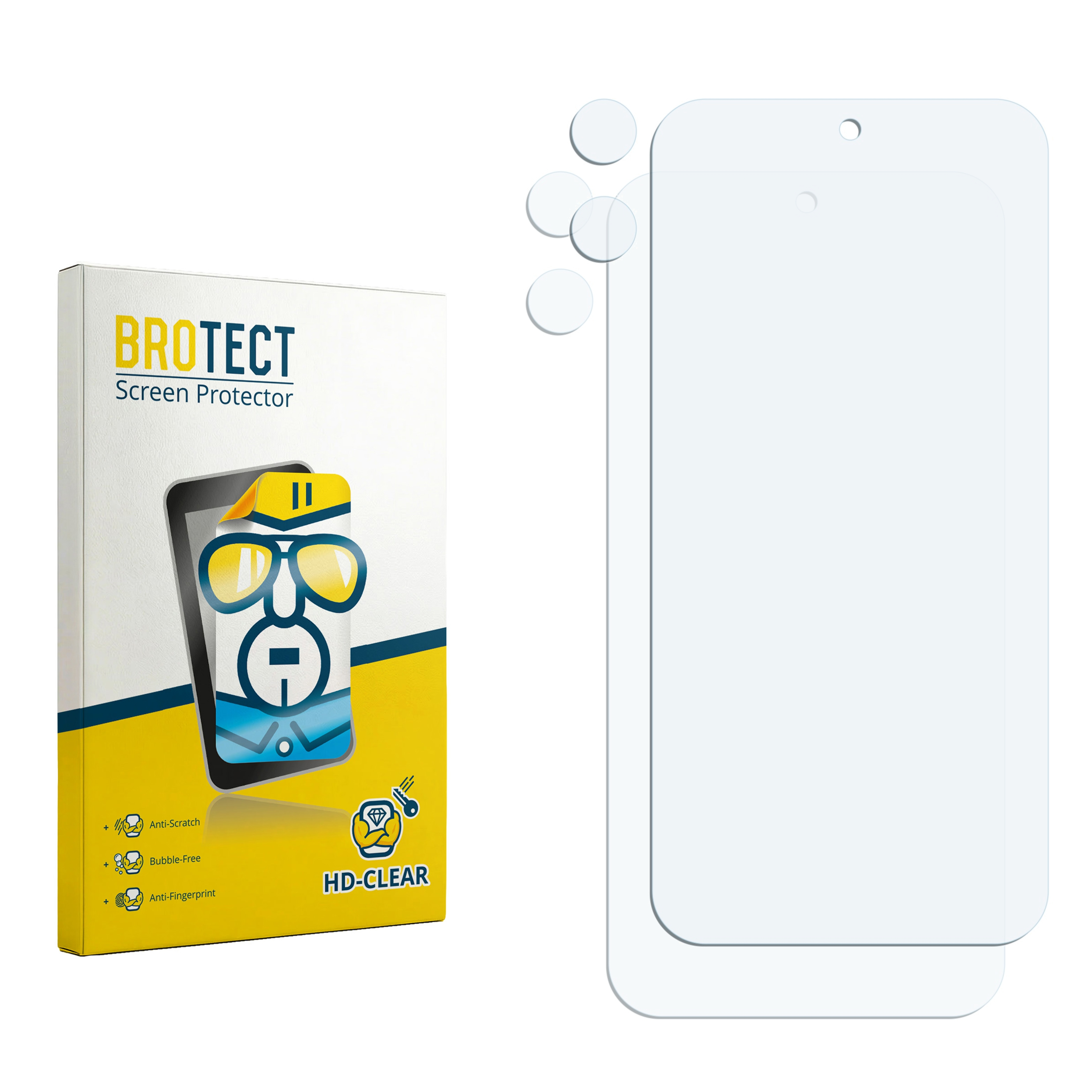 Verpackung für Displayschutzfolien mit zwei Folien und drei runden Aufklebern.