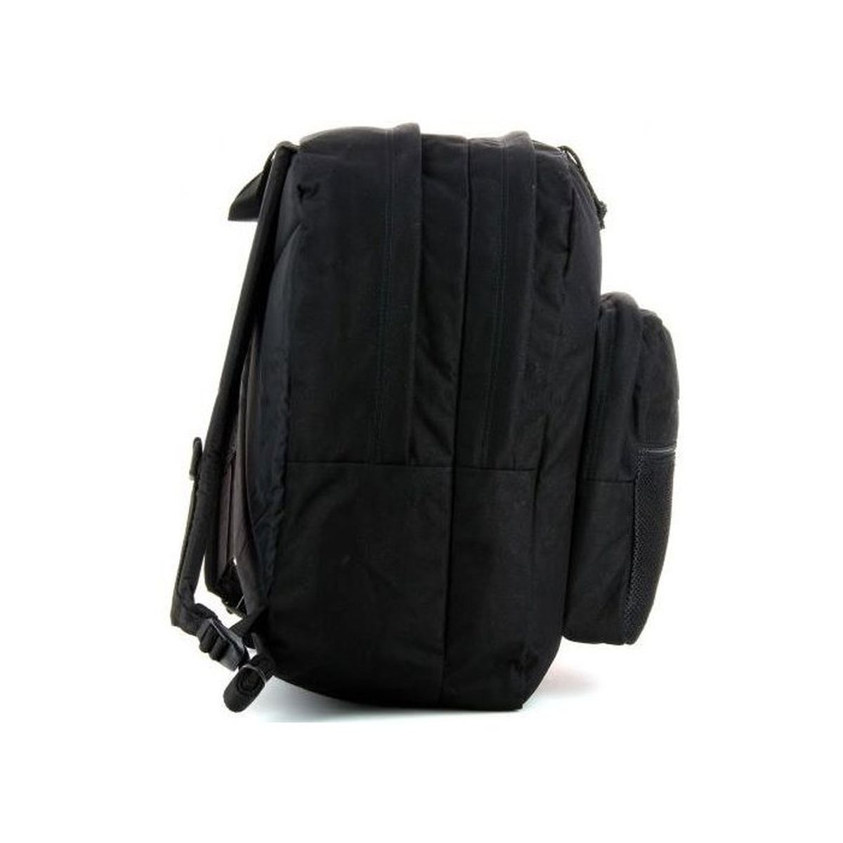 Schwarzer Rucksack mit Seitentasche und Schultergurten, von der Seite gesehen.