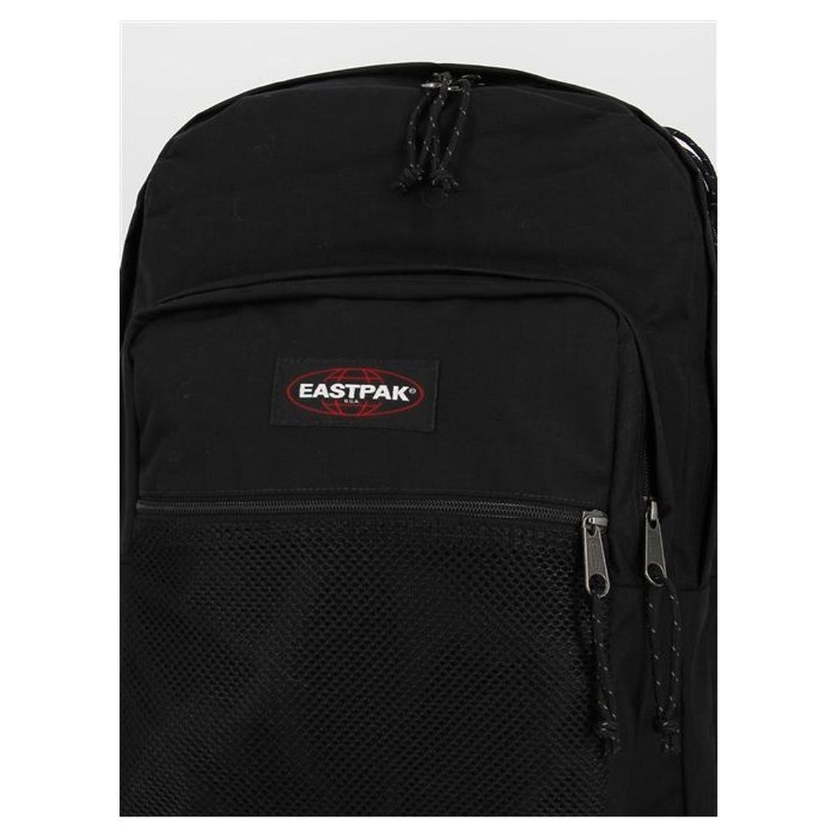 Schwarzer Eastpak-Rucksack mit Netzfront und Reißverschlussfächern.