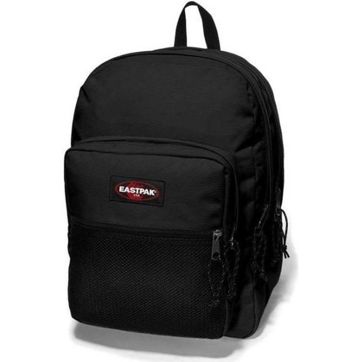 Ein schwarzer Rucksack mit einem roten Eastpak-Logo auf der Vorderseite.