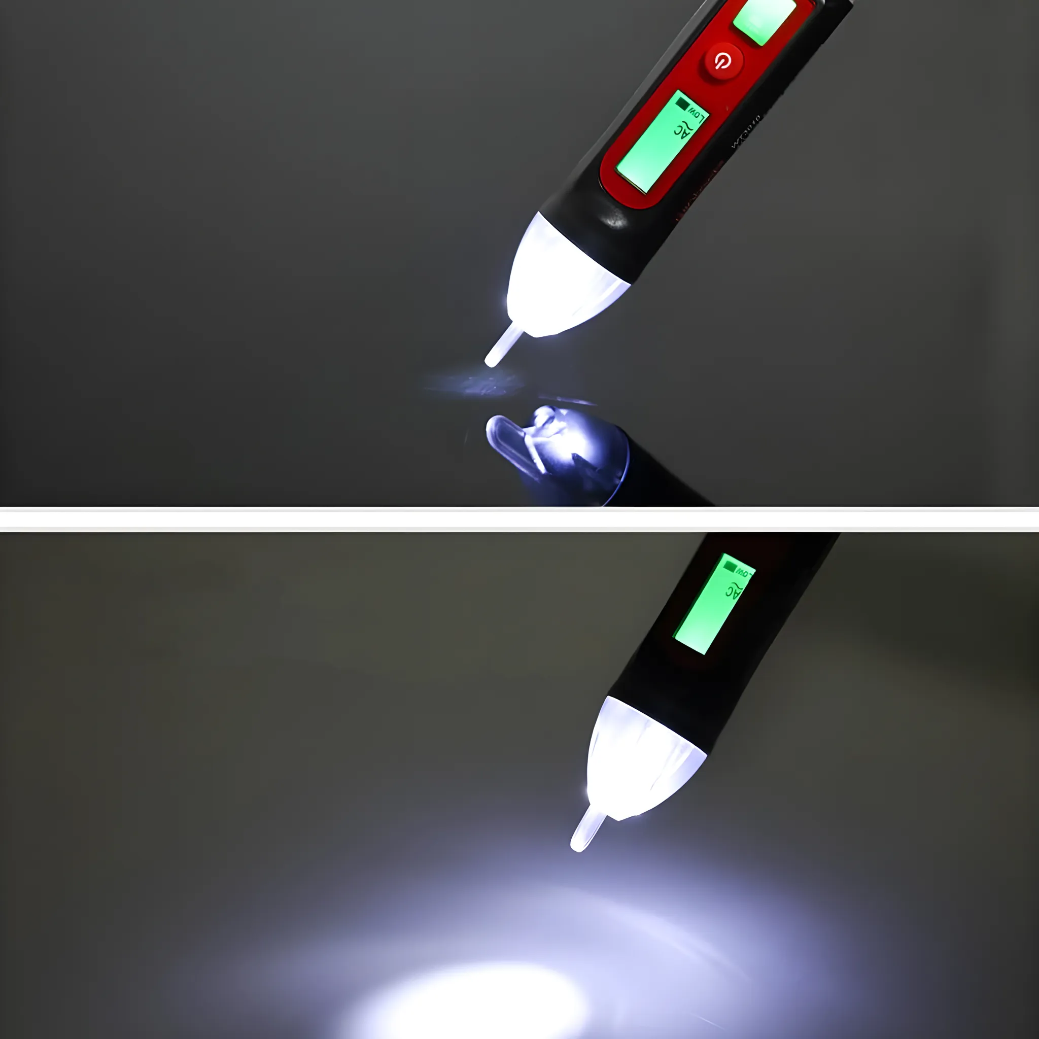 Ein schwarzer Spannungsprüfer mit rotem Knopf und grünem Display leuchtet hell.