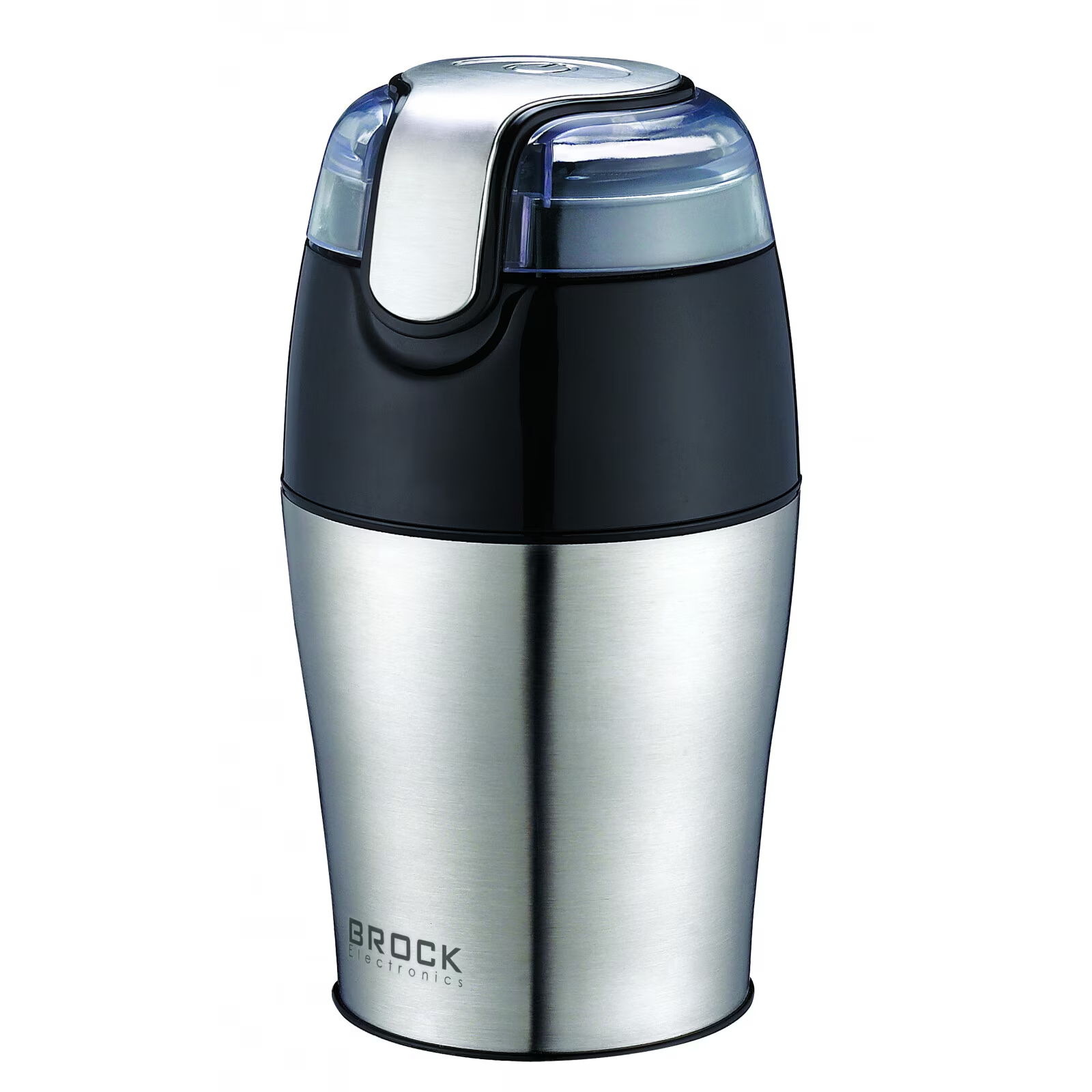Stainless steel and black plastic electric coffee grinder with a clear lid.