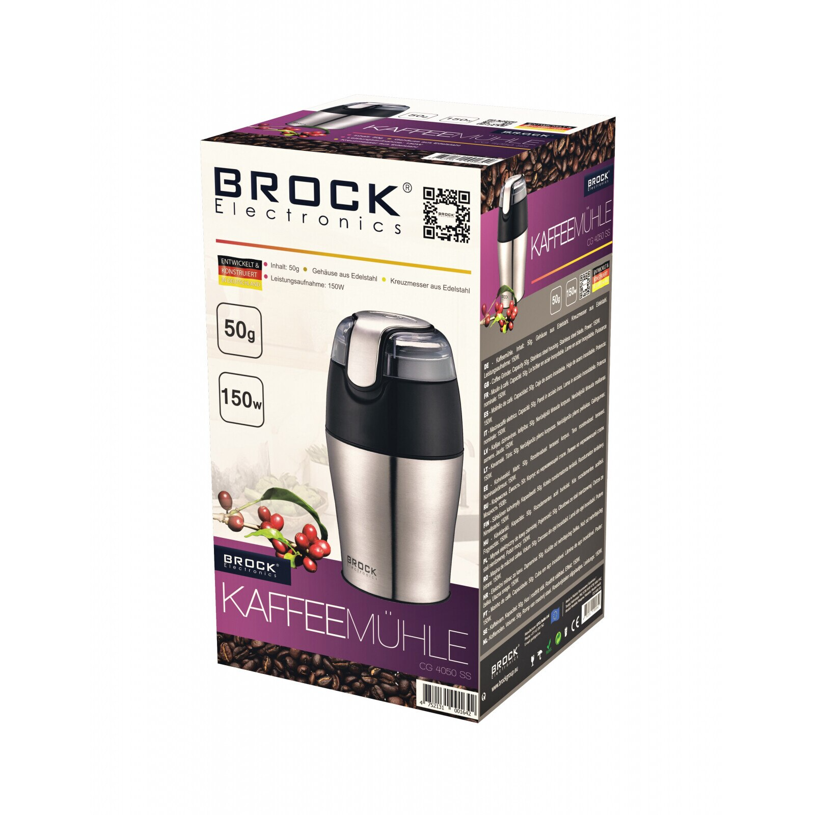 Brock coffee grinder with 50g capacity, stainless steel housing, 150W.