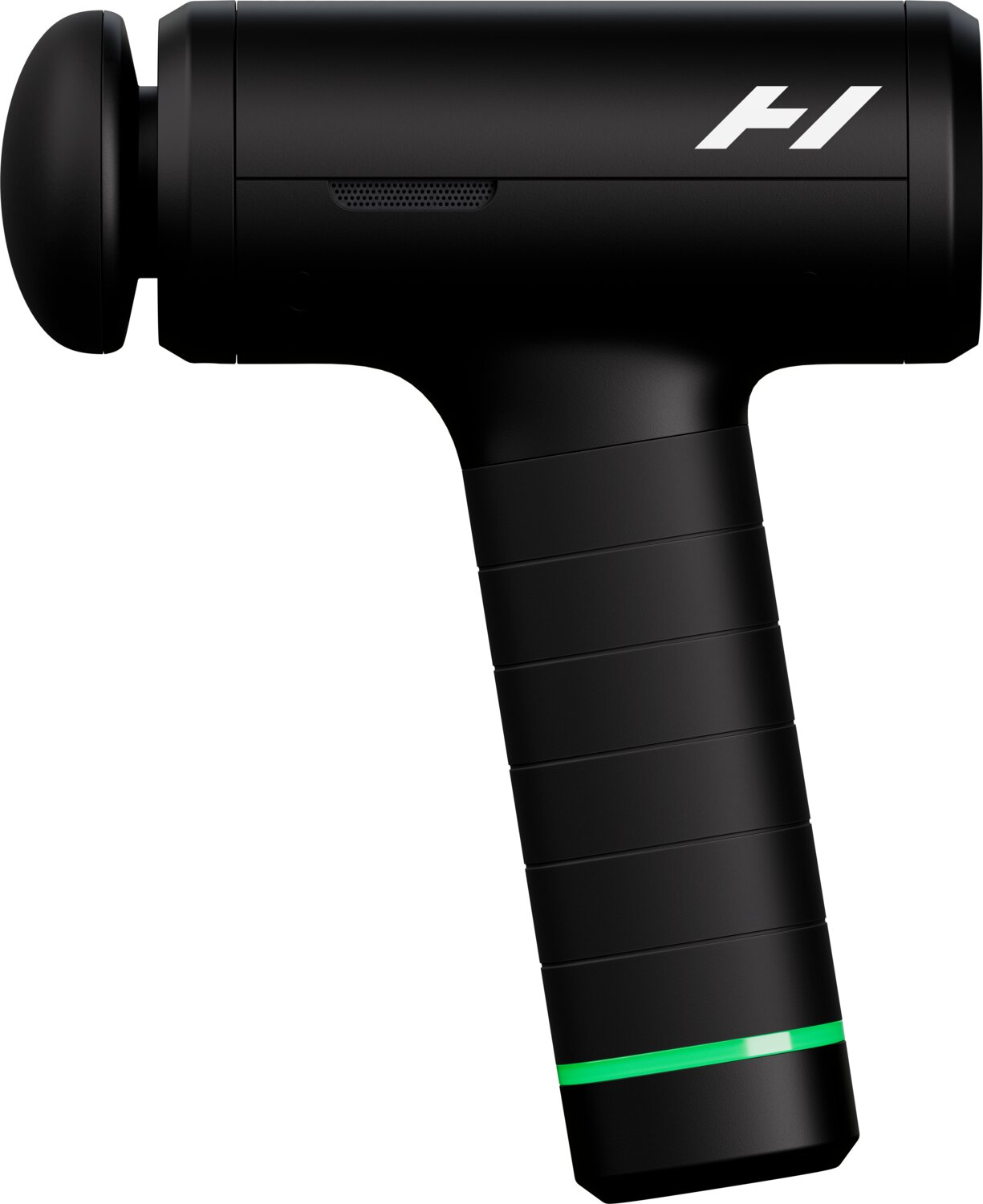Schwarzes Massagegerät mit H-Logo und grüner Akzentbeleuchtung am Griff.