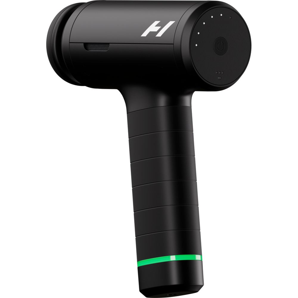 Schwarzer Massagepistolen-Griff mit grüner LED-Anzeige und silbernem Logo.