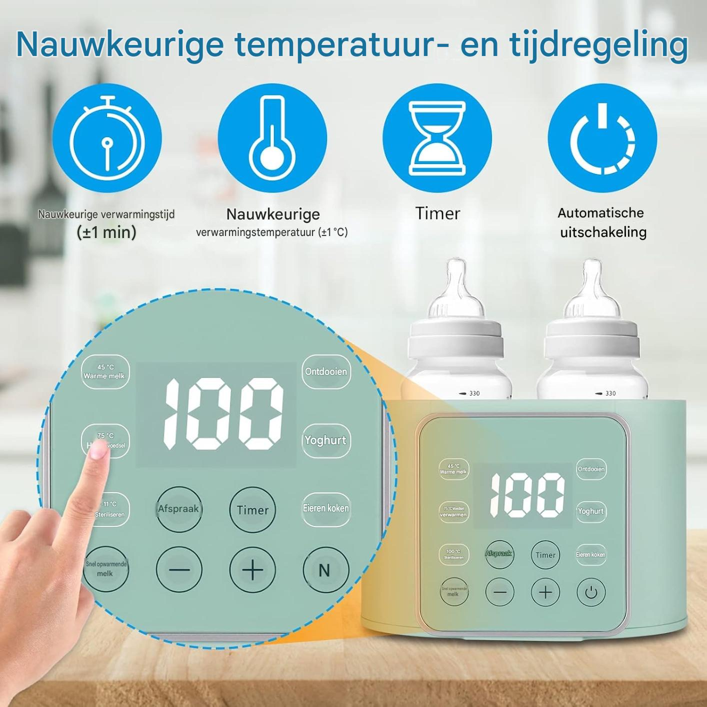 Babyflaschenwärmer mit digitaler Anzeige, Funktionen wie Timer, Joghurt, Sterilisieren.