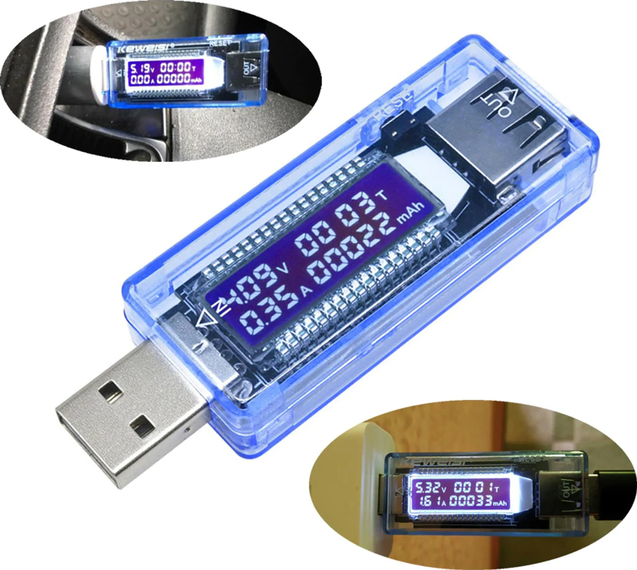 Ein blauer USB-Spannungs- und Stromtester mit blauem Display zeigt Messwerte an.