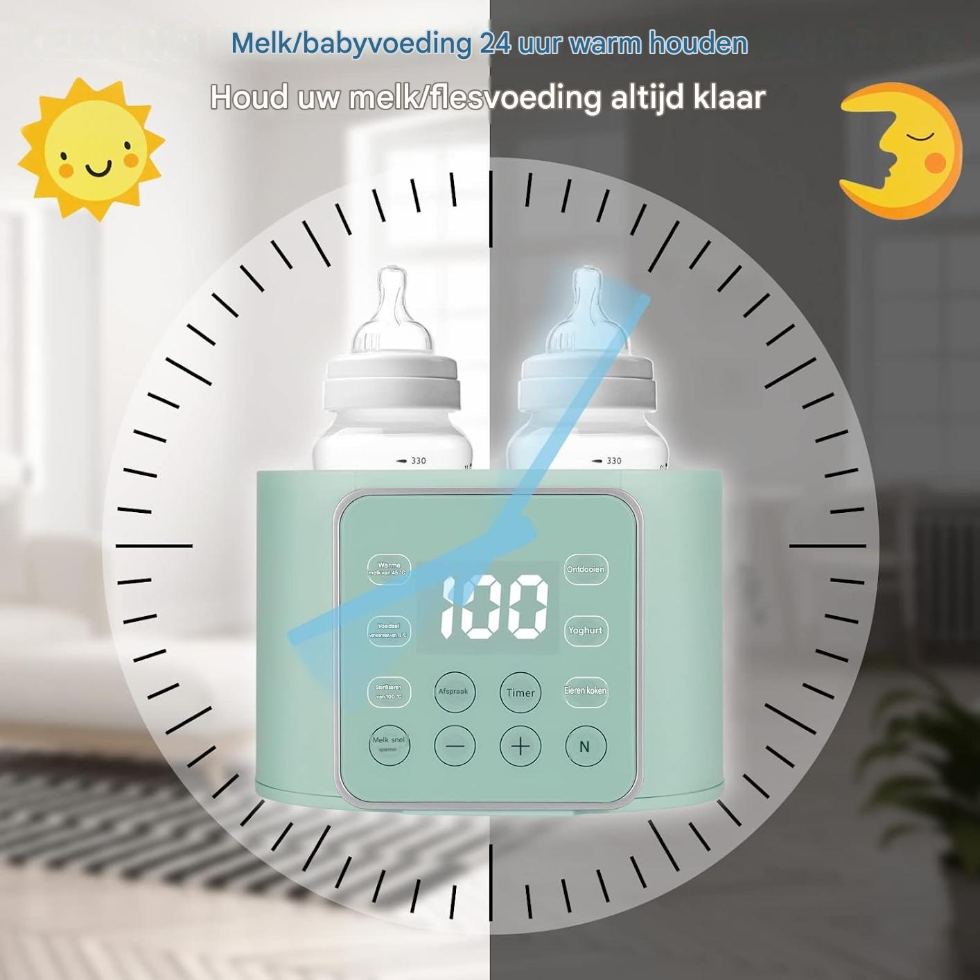 Ein Babyflaschenwärmer mit zwei Flaschen, Timer und verschiedenen Funktionen.