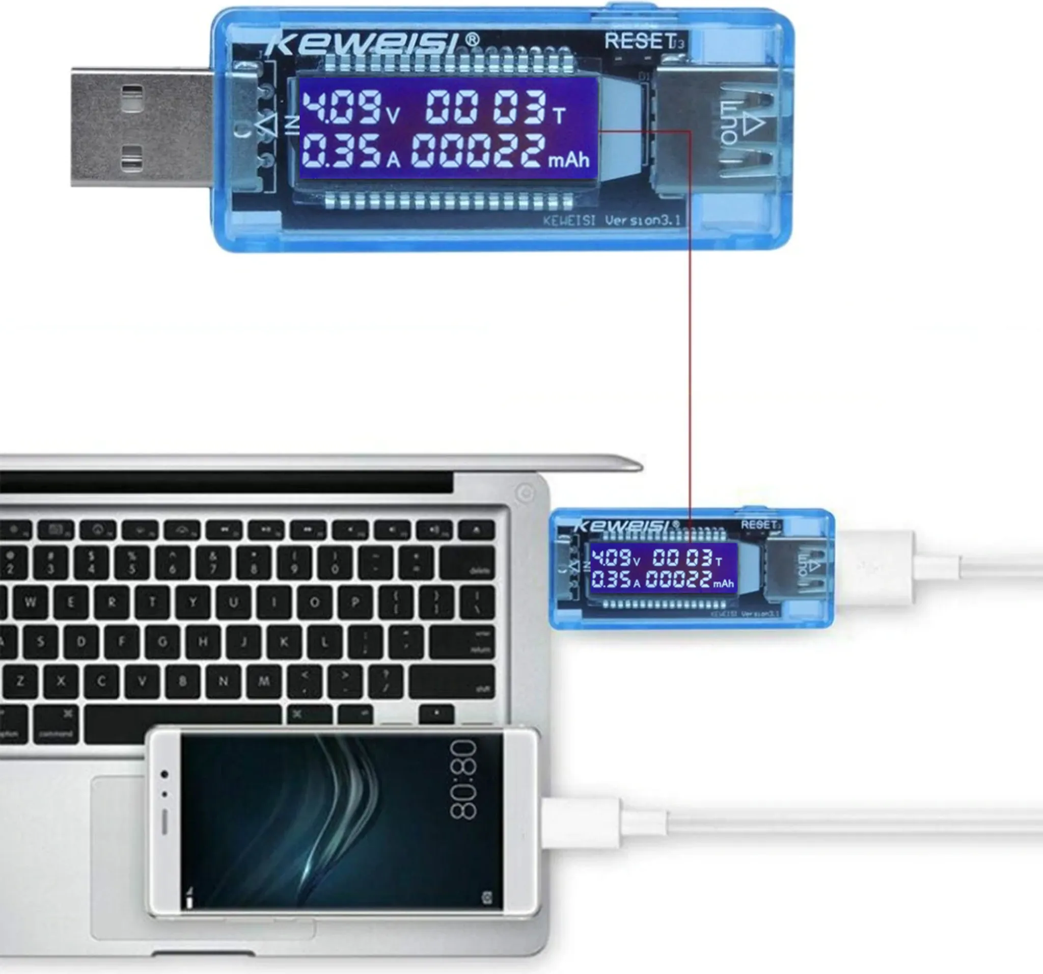 Ein USB-Spannungs- und Stromtester ist an einen Laptop und ein Smartphone angeschlossen.