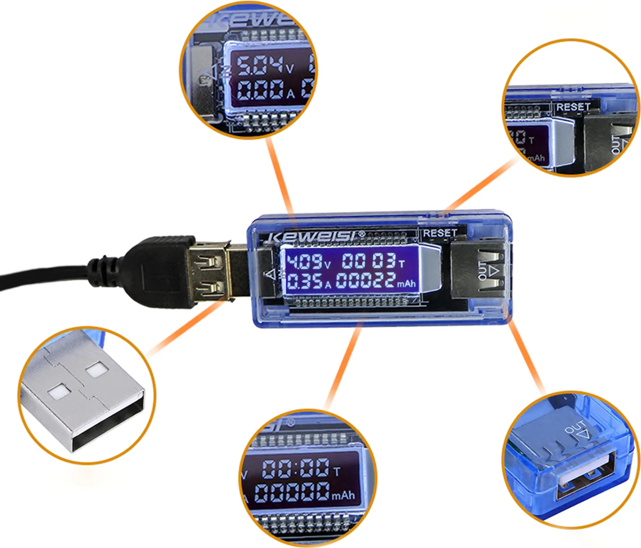 Blauer USB-Spannungs- und Stromtester mit blauem LCD-Display zeigt Werte an.