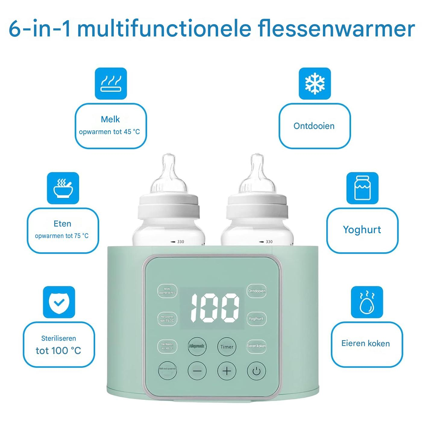 Ein multifunktionaler Flaschenwärmer mit zwei Flaschen, der Milch, Essen, Joghurt, Auftauen, Sterilisieren und Eier kochen kann.