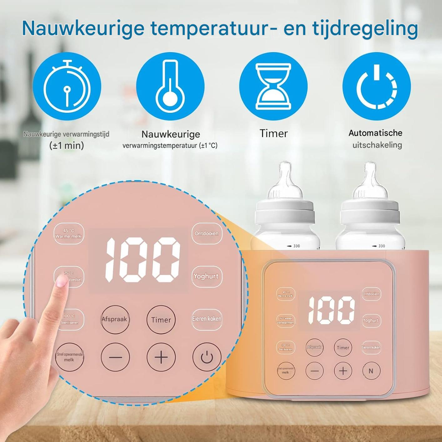 Ein Babyflaschenwärmer mit digitalen Anzeigen und Bedienelementen, zwei Flaschen.