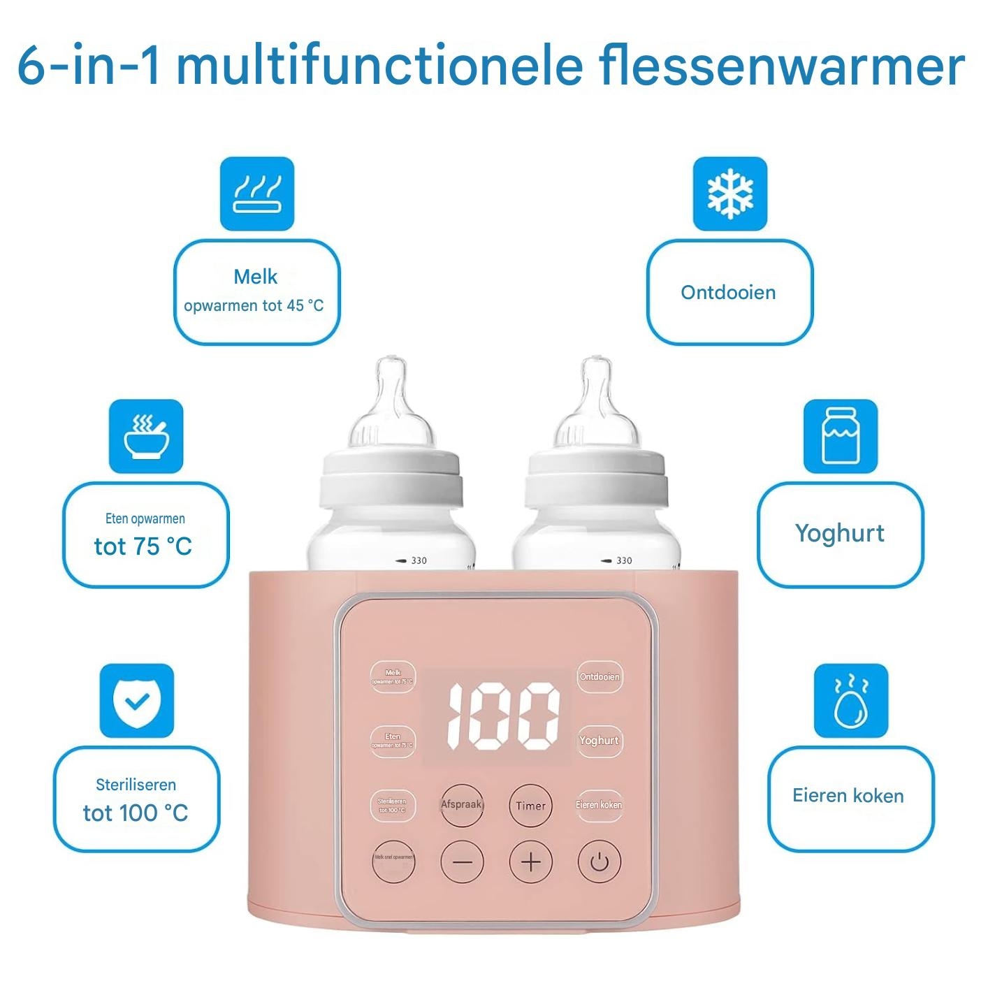 Rosa Flaschenwärmer mit zwei Flaschen, digitaler Anzeige und sechs Funktionen.
