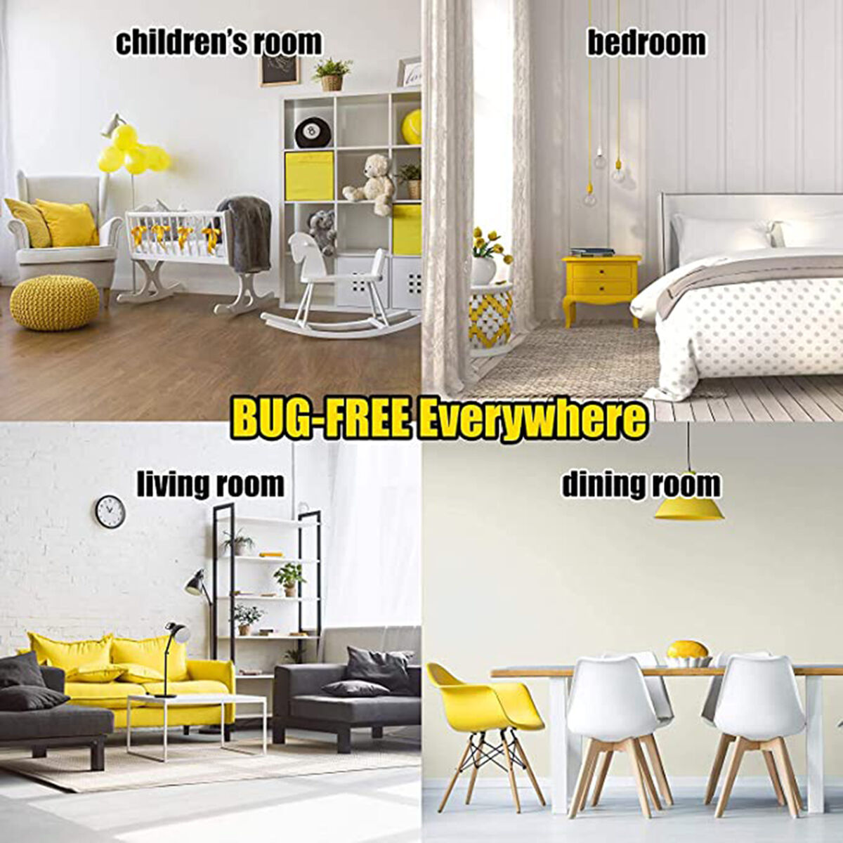 Vier Räume: Kinderzimmer, Schlafzimmer, Wohnzimmer und Esszimmer. Gelbe Akzente.