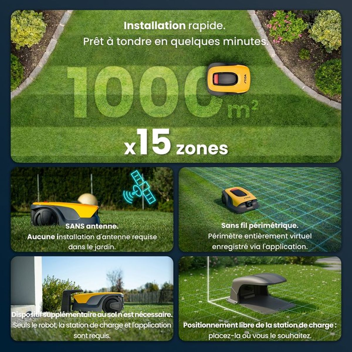 Rasenmäher-Roboter-Anzeige: 1000m², 15 Zonen, ohne Antenne, virtueller Begrenzung.