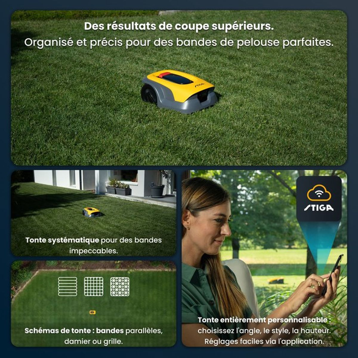 Ein gelber und grauer Mähroboter auf einem Rasen. Die Anzeige zeigt Mähschemata.