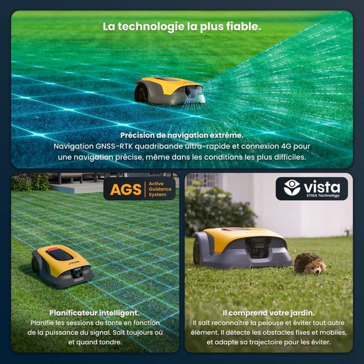 Ein gelber und grauer Rasenroboter mäht einen grünen Rasen mit blauen Navigationslinien.