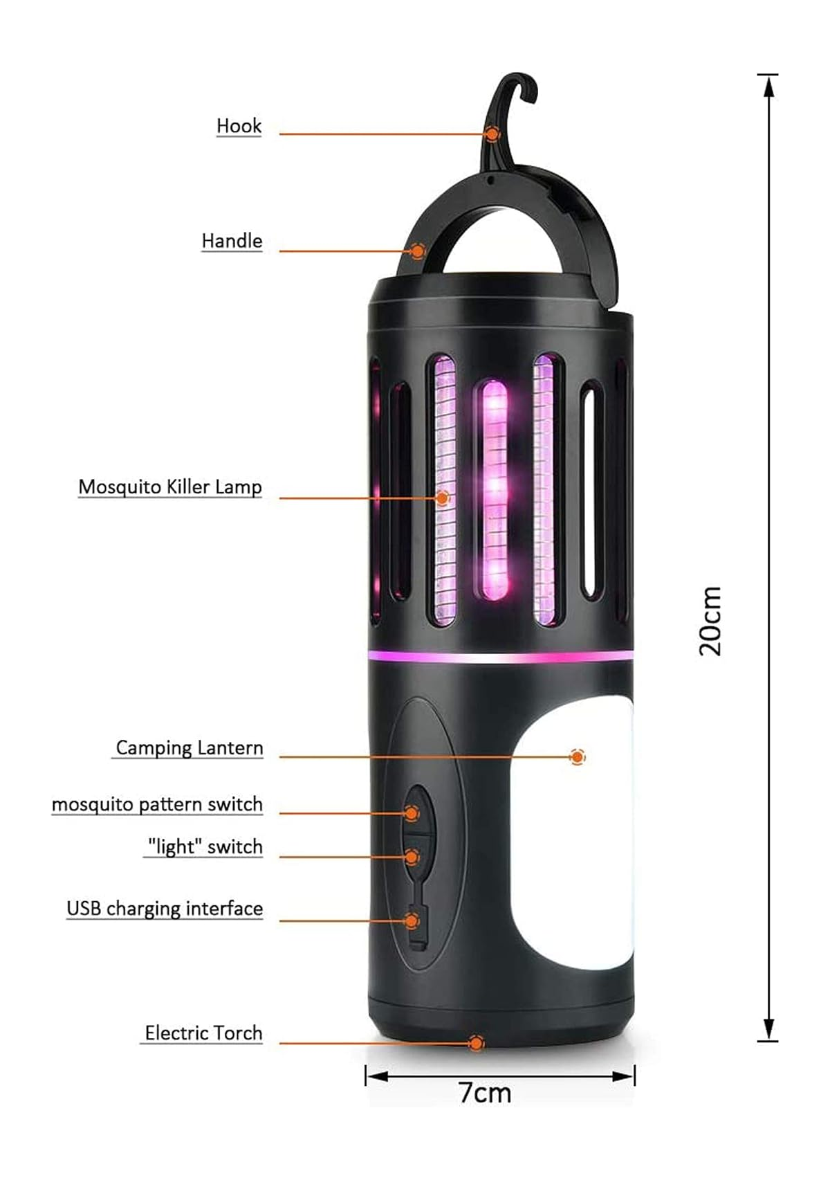 Ein schwarzes Campinglicht mit Haken, Griff, Mückenlampe, Laterne und USB-Anschluss.