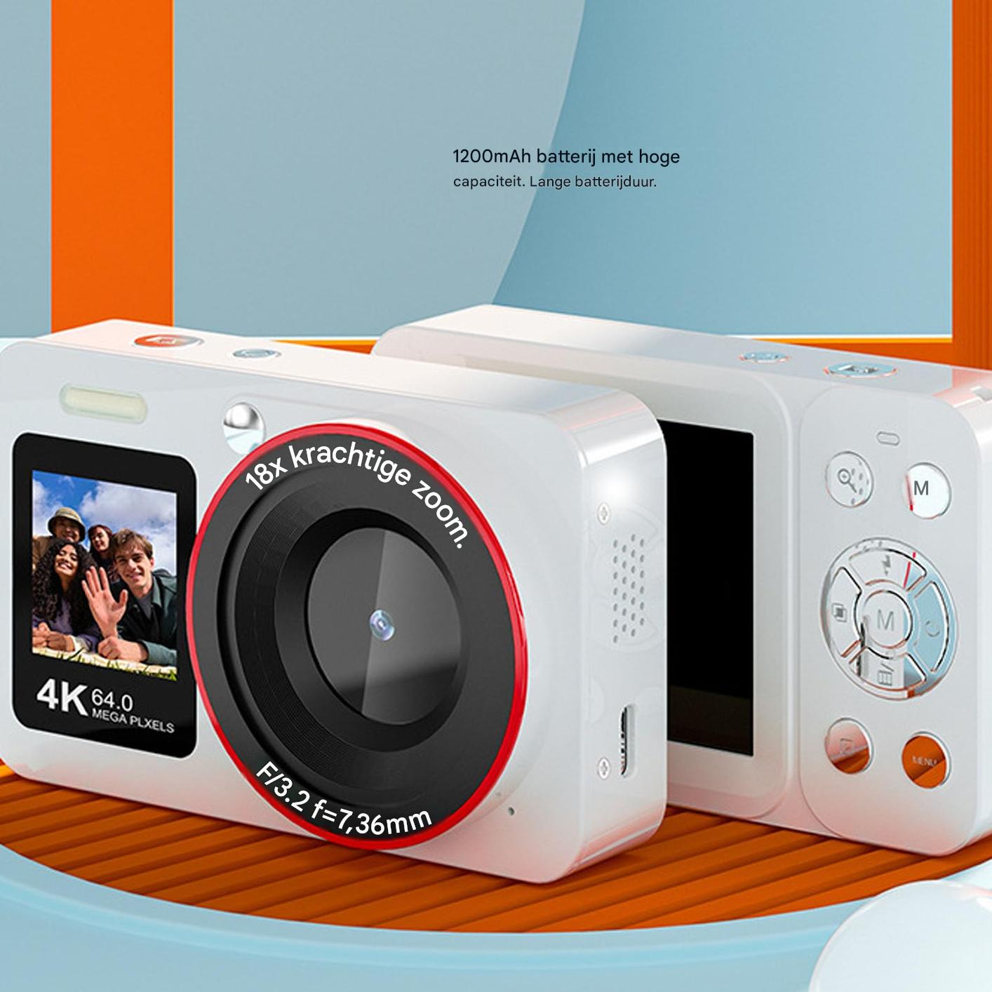 Weißer digitaler Camcorder mit 18x Zoom, 4K, 64MP. Anzeige zeigt vier Personen.