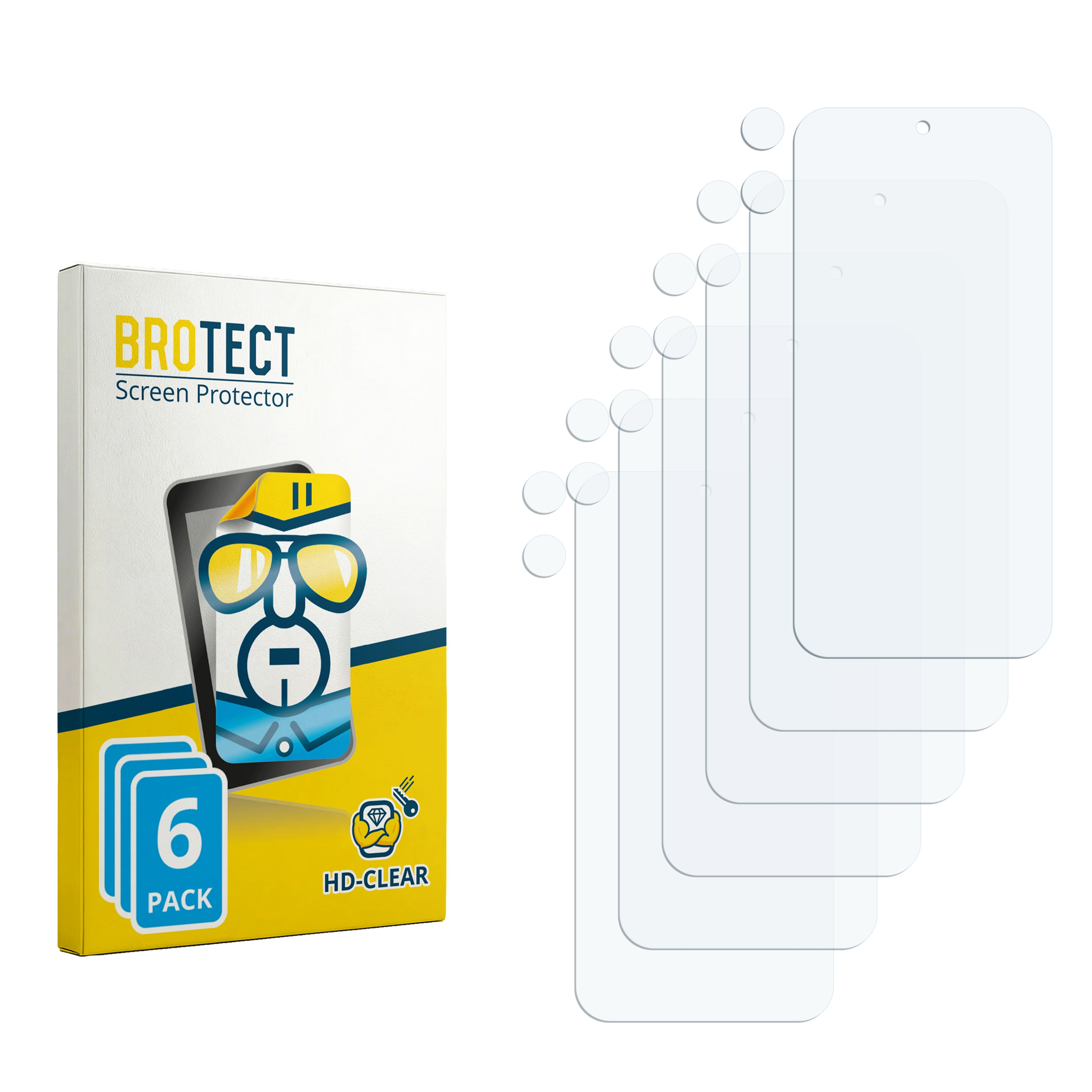BROTECT Verpackung mit 6 Displayschutzfolien. Klare Folien auf weißem Hintergrund.
