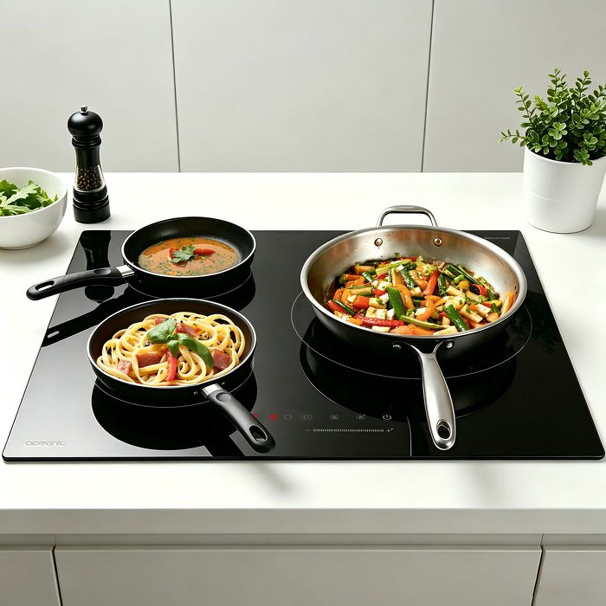 Ein schwarzes Induktionskochfeld mit drei Pfannen, die Pasta, Suppe und Pfannengemüse kochen.