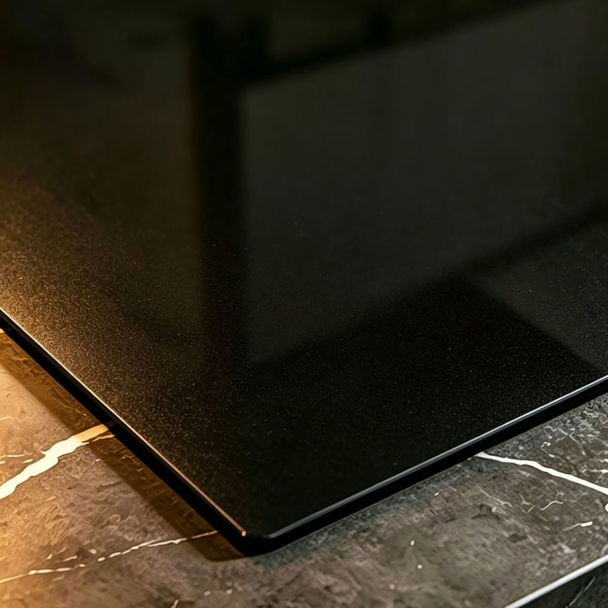 Nahaufnahme einer glatten schwarzen Oberfläche mit Marmor-Akzenten darunter.