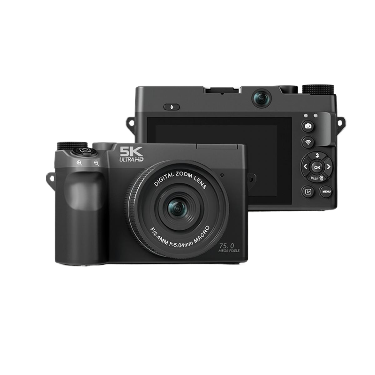Eine schwarze Digitalkamera mit Zoomobjektiv und 5K UltraHD-Display. Rückseitige Bedienelemente sichtbar.