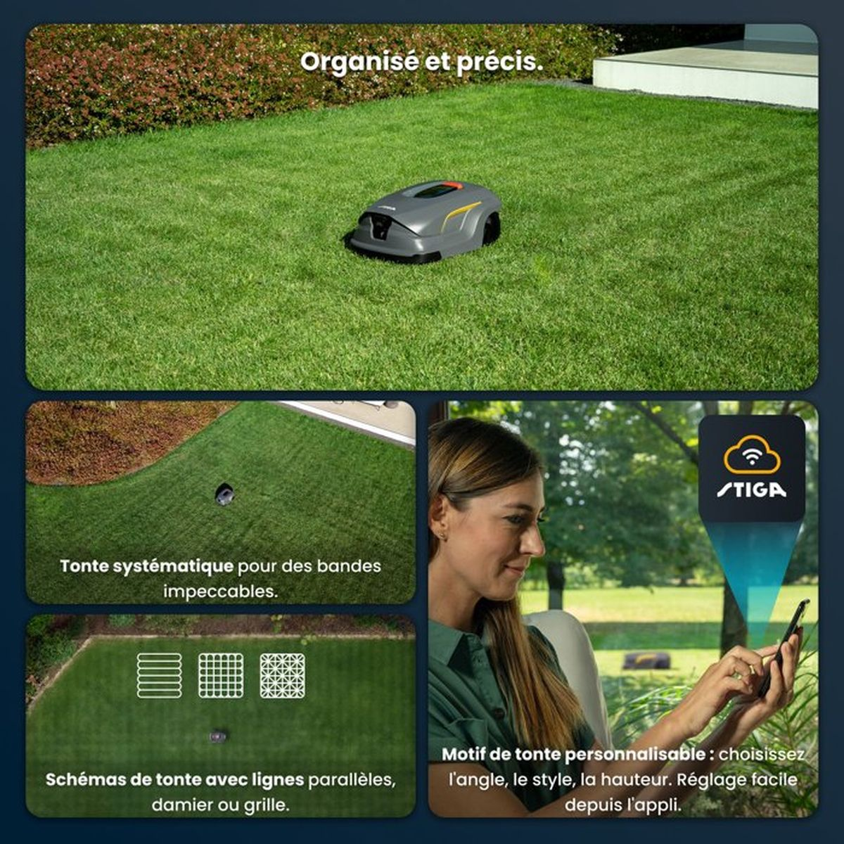 Ein Mähroboter auf einem gepflegten Rasen, mit Nahaufnahmen und einer Frau, die eine App benutzt.