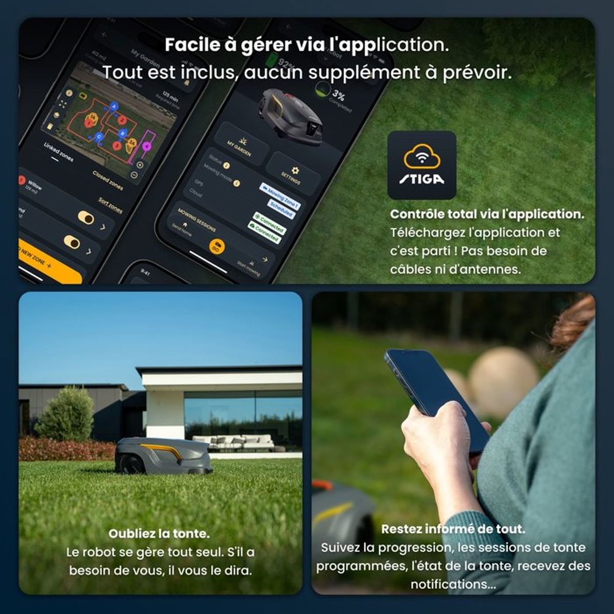 App-gesteuerter Rasenmäher: Übersicht, Steuerung und Benachrichtigungen.