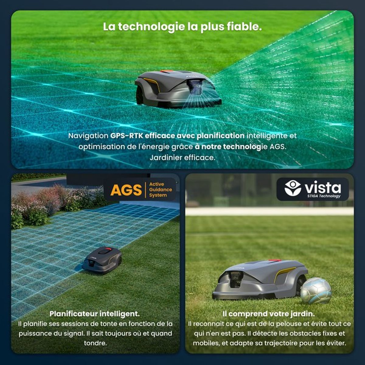 Ein Mähroboter auf einem Rasen mit GPS-RTK-Navigation und dem AGS-System.