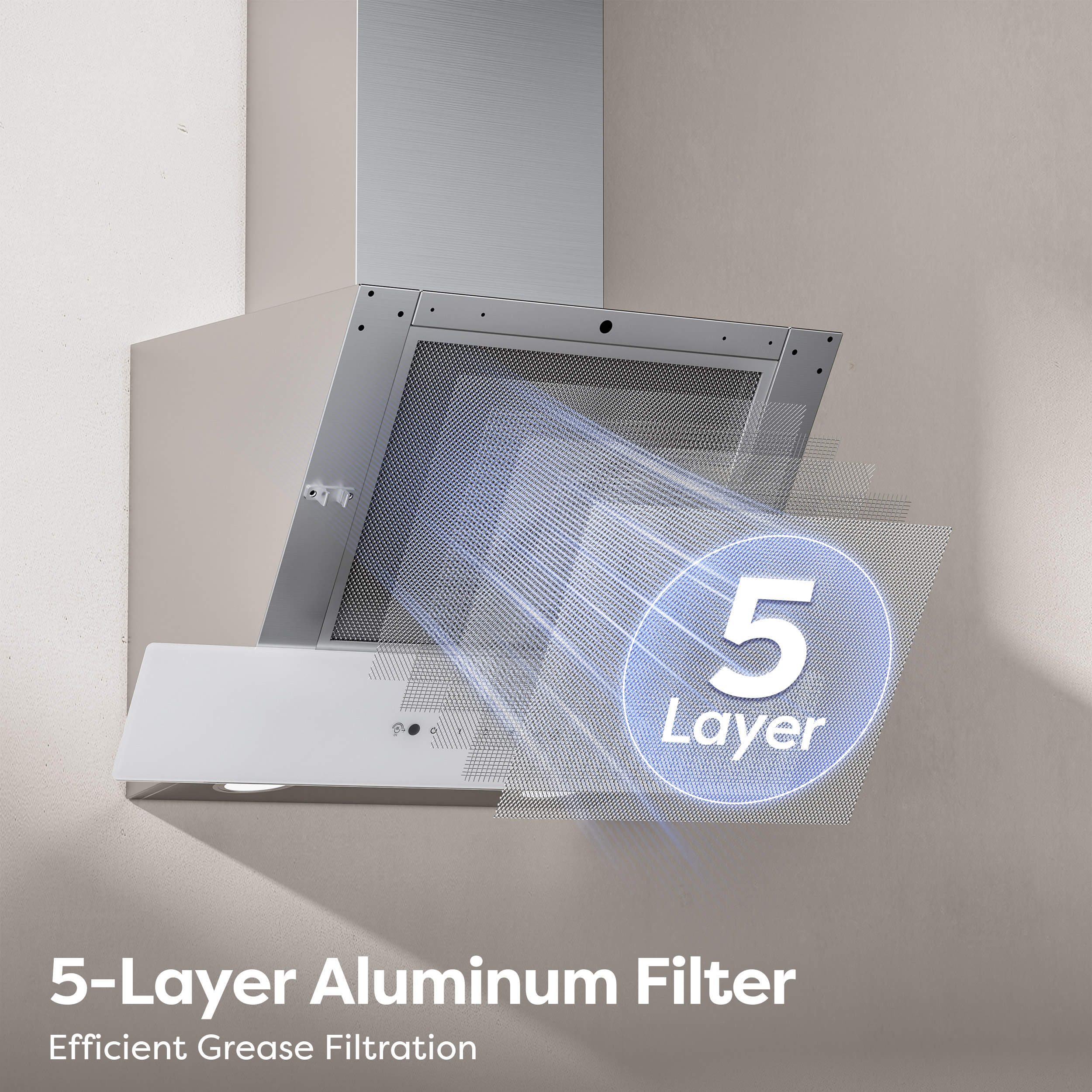 Ein moderner Dunstabzug mit 5-lagigem Aluminiumfilter zur Fettfiltration.