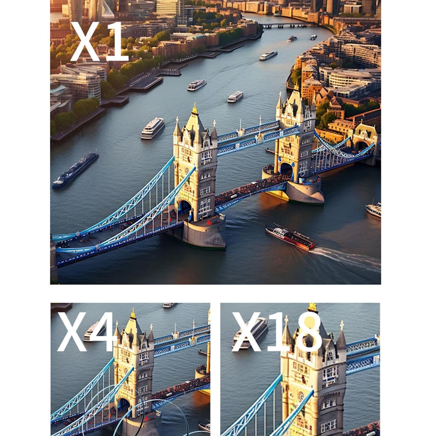 Die Tower Bridge in London mit Booten auf der Themse und städtischer Skyline.