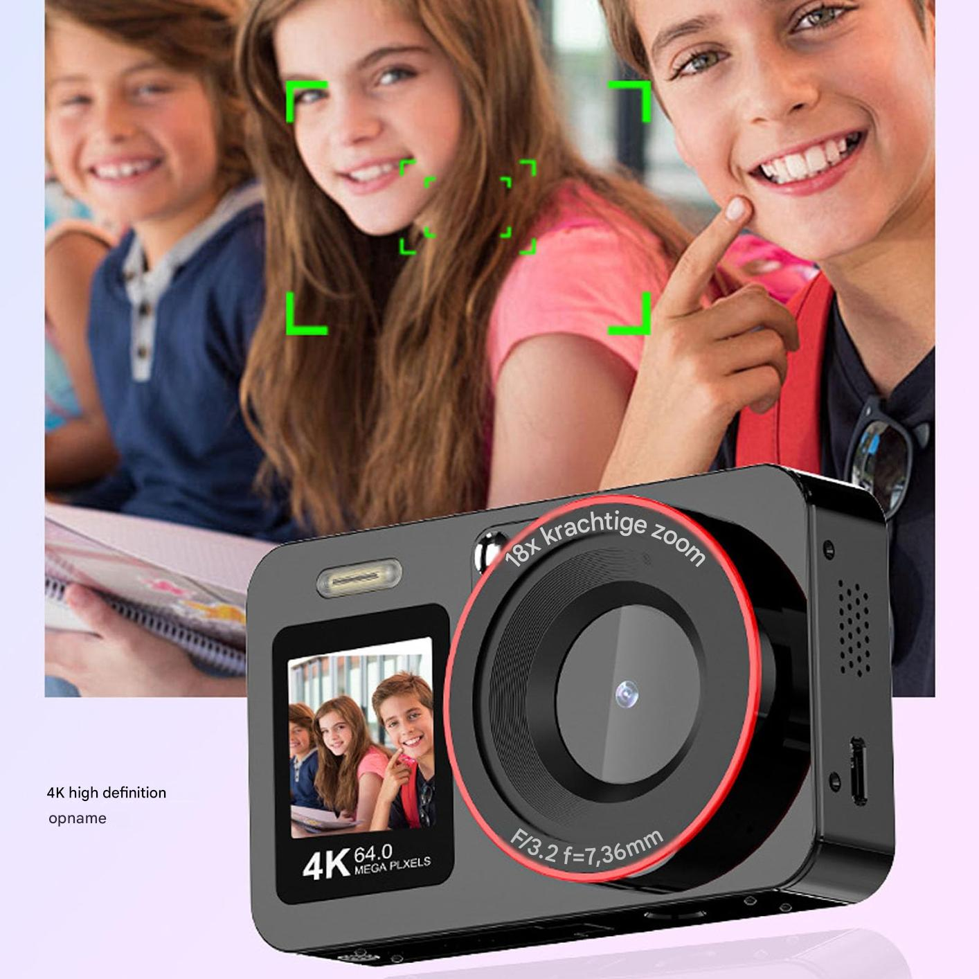 Eine Digitalkamera zeigt drei lächelnde Kinder auf ihrem Bildschirm, mit Zoomobjektiv.
