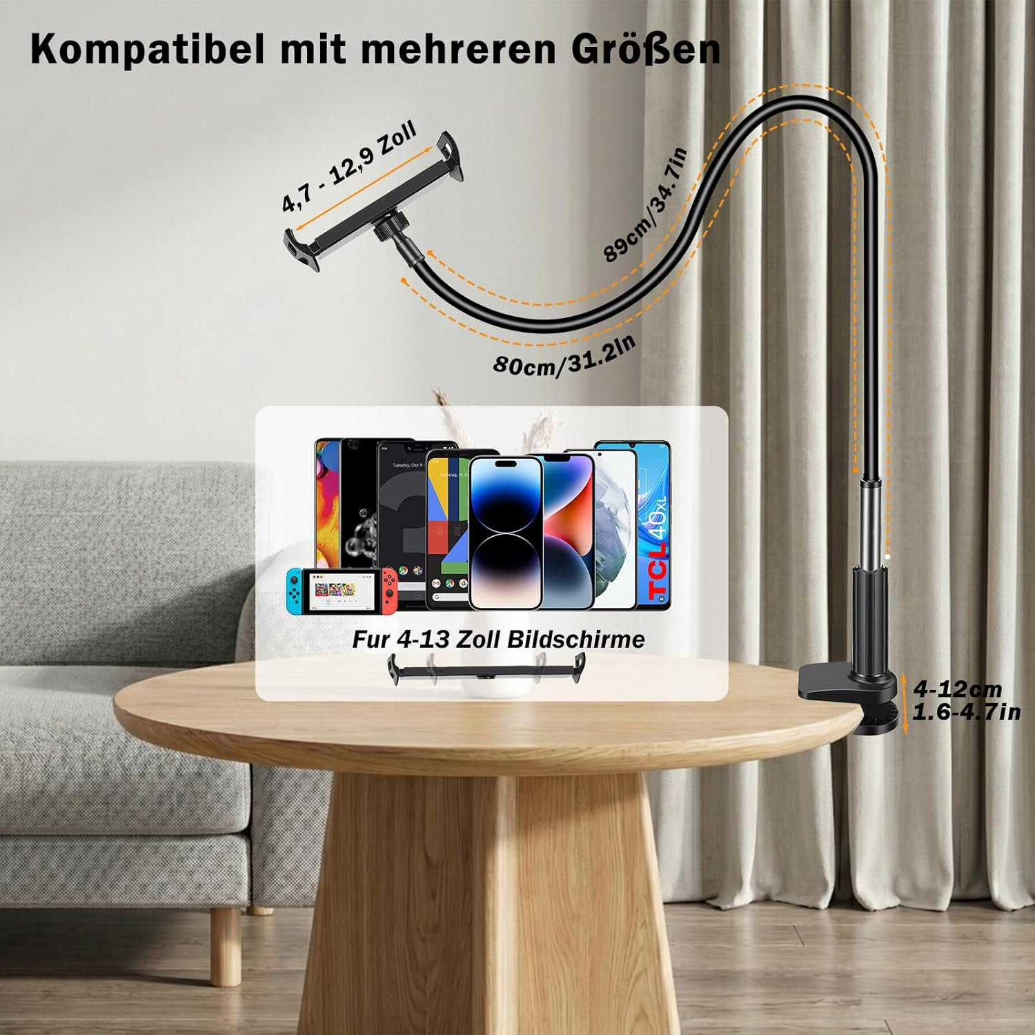 Ein flexibler Handyhalter für Bildschirme von 4,7-13 Zoll, mit Maßen von 80-89cm.