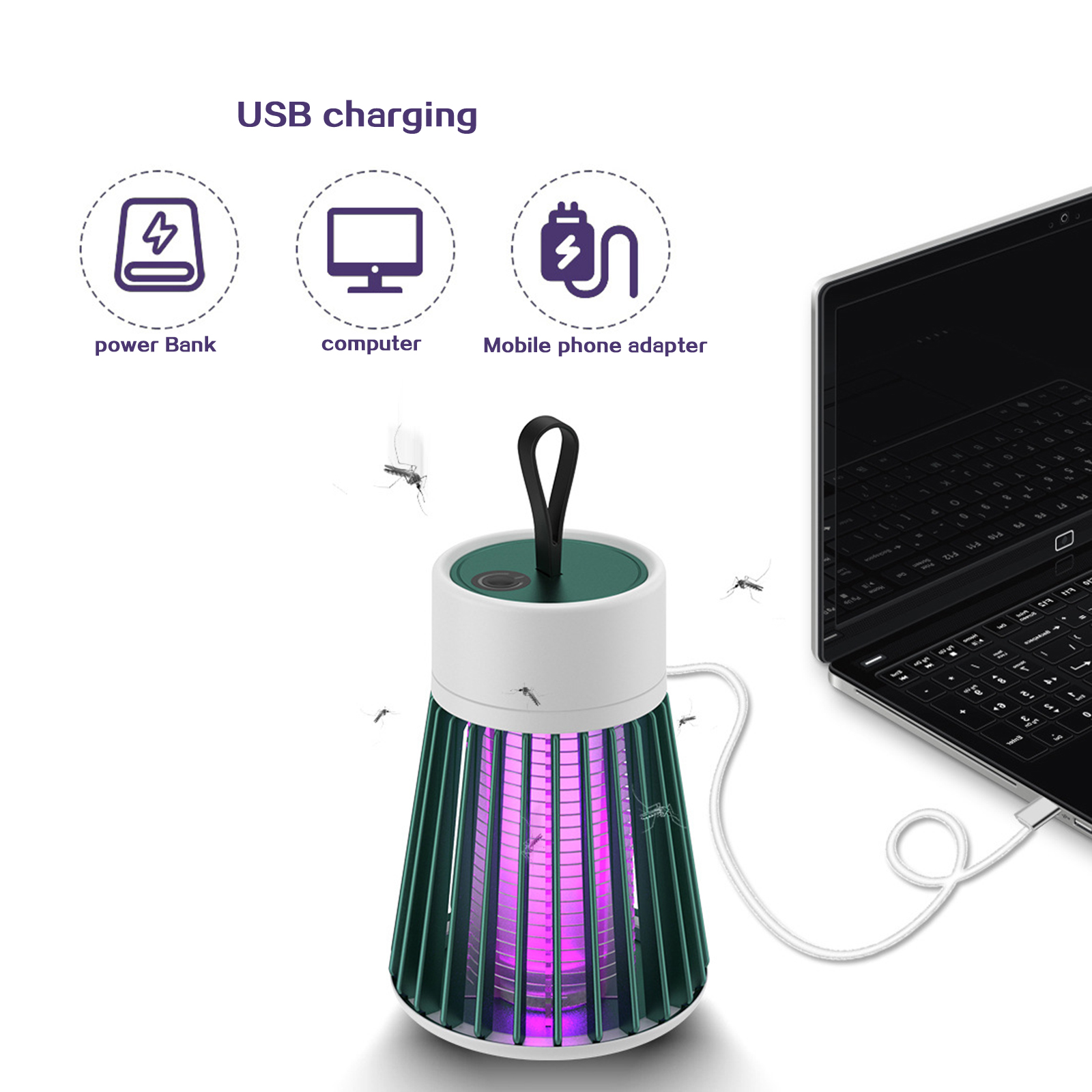Ein Moskito-Killer mit lila Licht und USB-Kabel, das an einem Laptop angeschlossen ist.