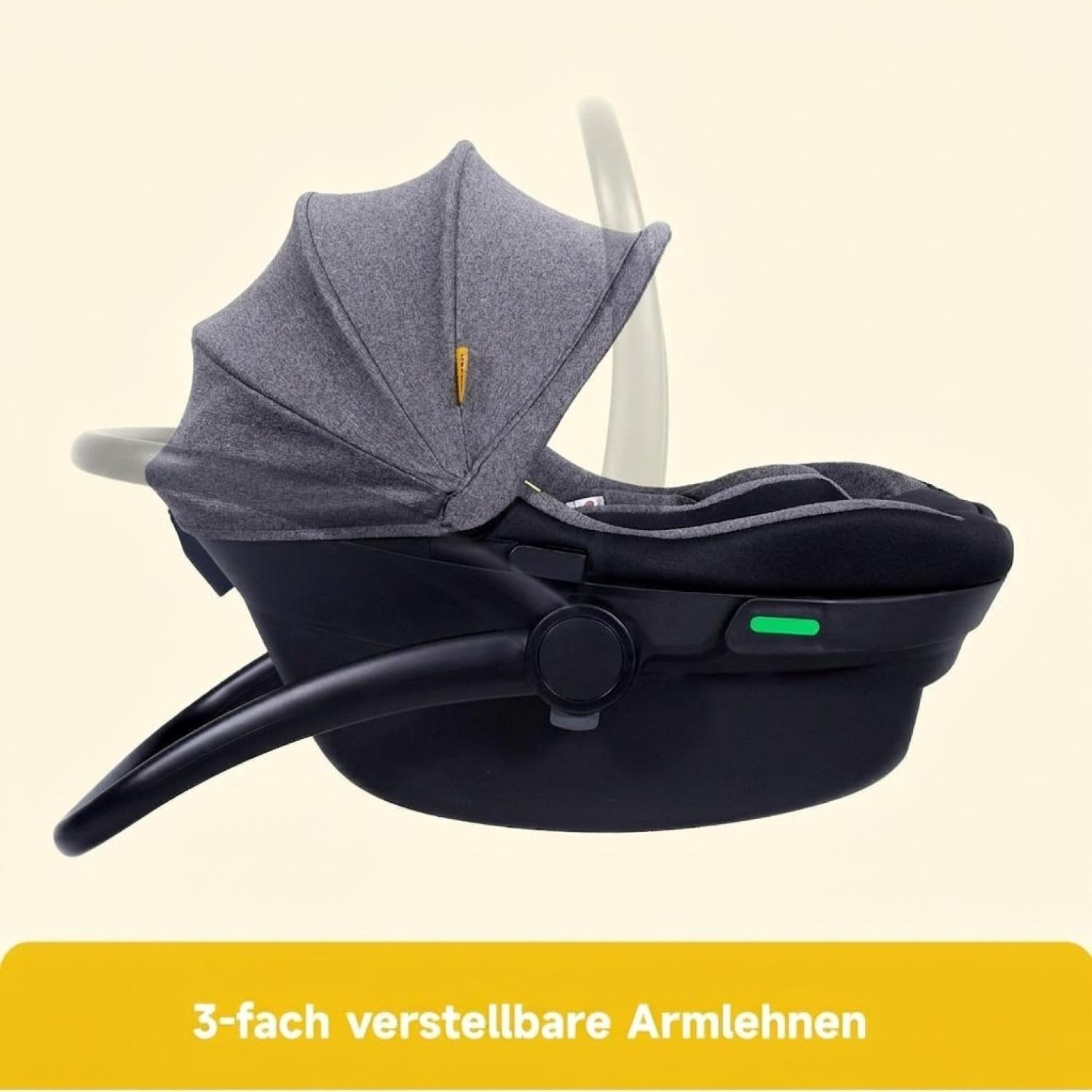 Ein Babyautositz mit grauem Verdeck und schwarzem Sockel.