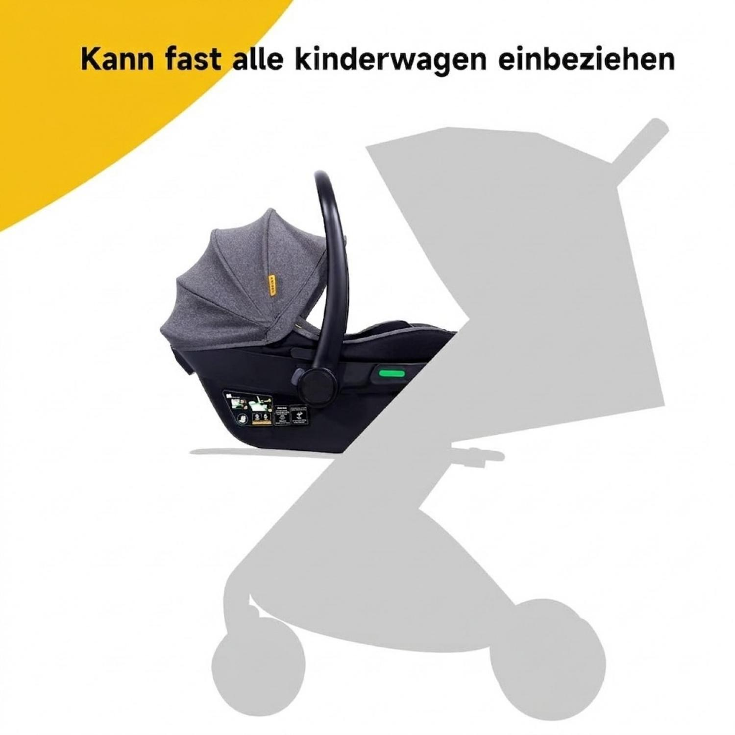 Grauer Kindersitz auf einem grauen Kinderwagen-Silhouettenbild.