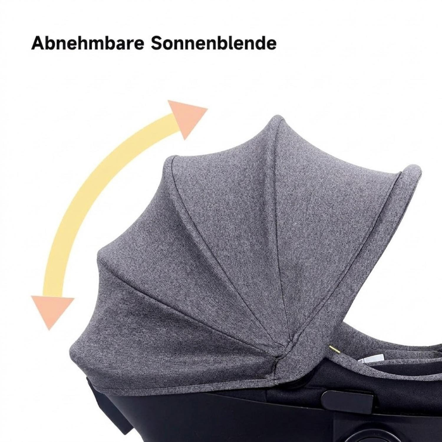 Grauer Sonnenschutz für Kinderwagen, abnehmbar.