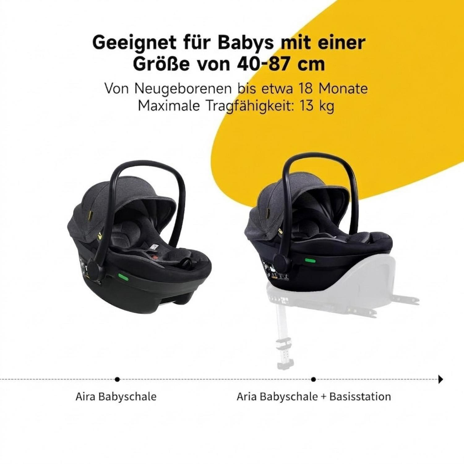 Zwei schwarze Babyschalen nebeneinander: eine allein, eine mit Basisstation.