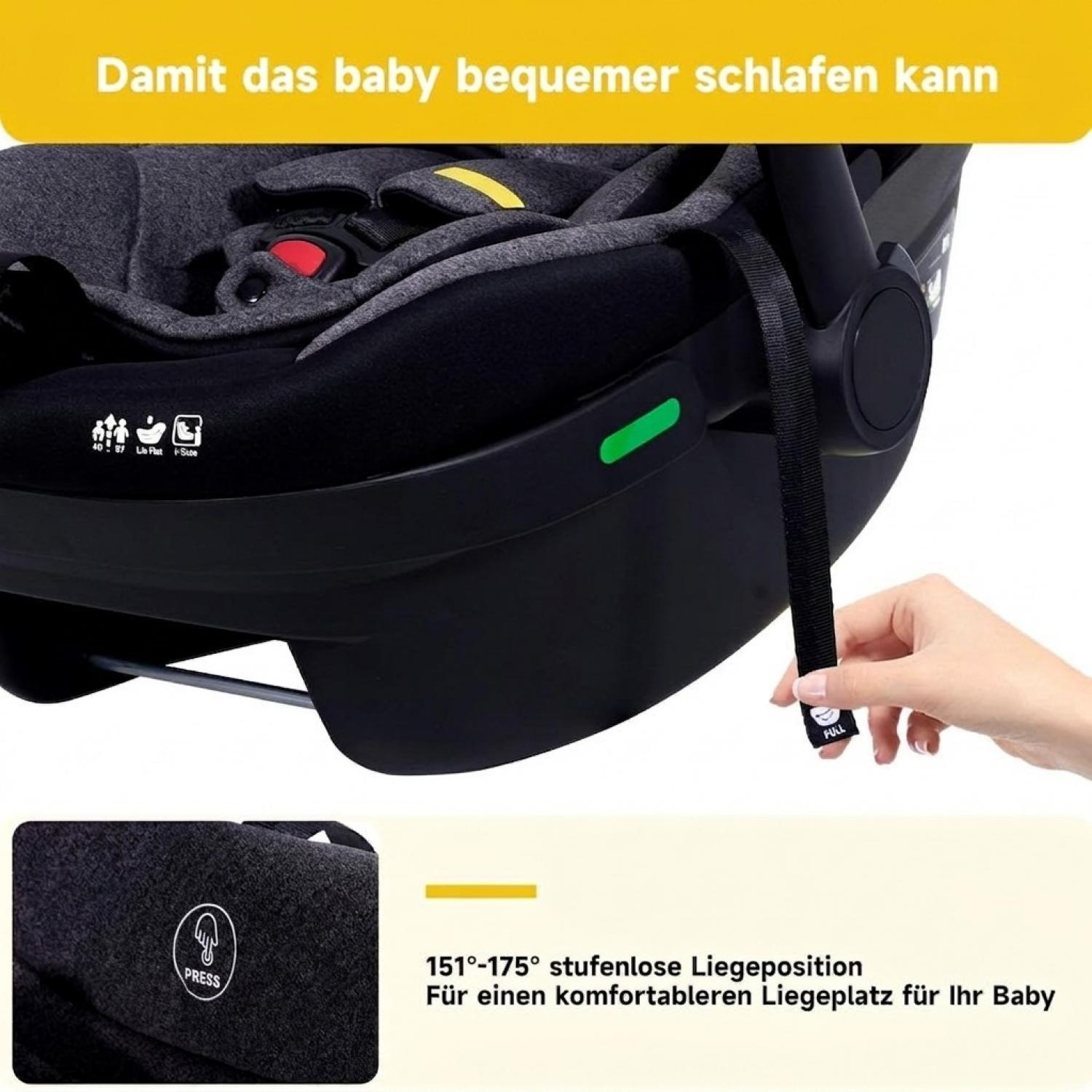 Ein schwarzer Baby-Autositz mit gelben Akzenten und einer Hand, die an einem Gurt zieht.