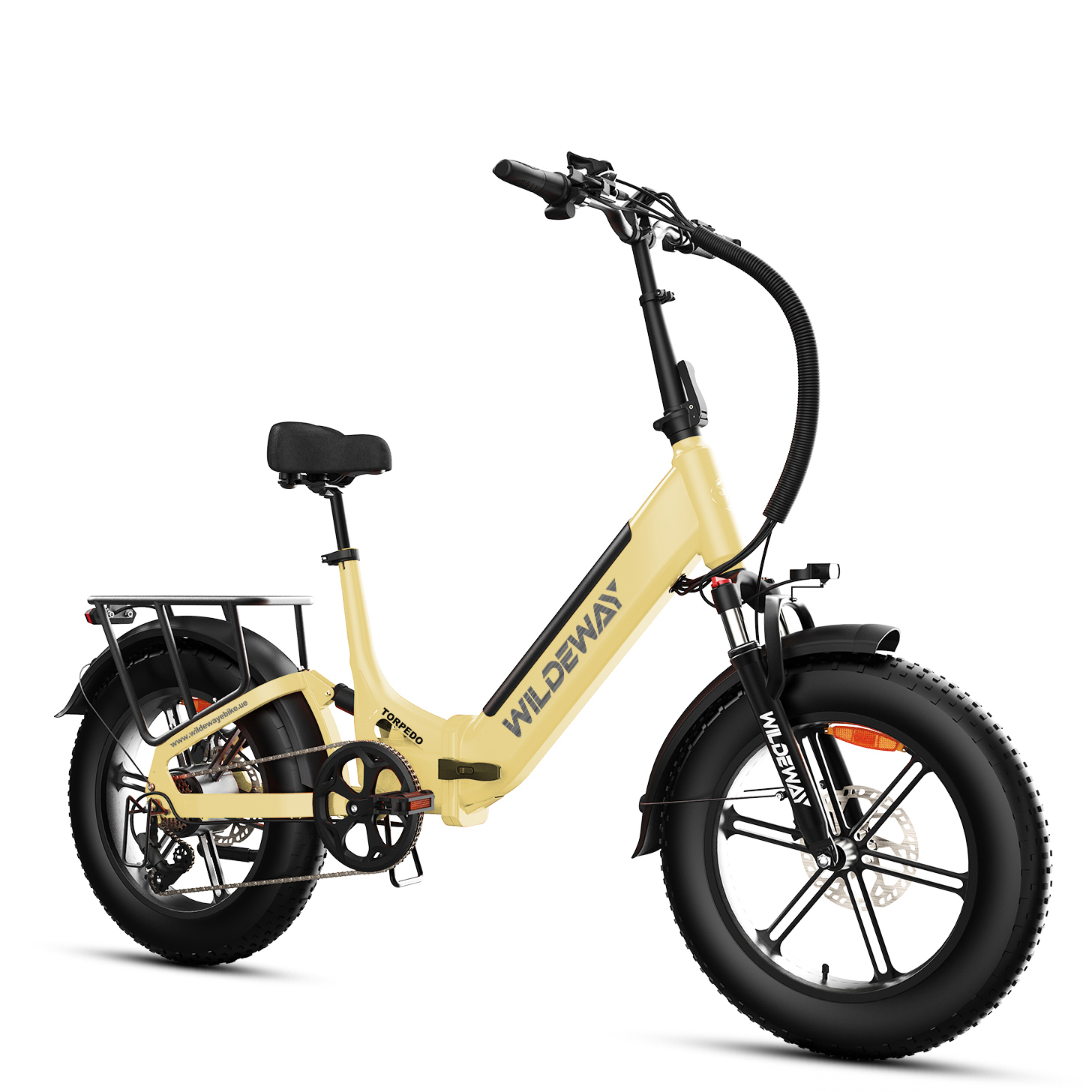 Ein gelbes Klappfahrrad mit dicken Reifen und Gepäckträger.